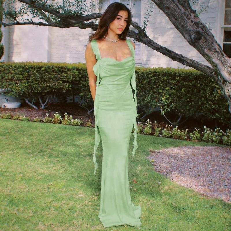 Solid Satin Hollow Dresses 2025 Summer Evening Party Club 3 Solid Satin Hollow Dresses 2025 Summer Evening Party Club - Image 3